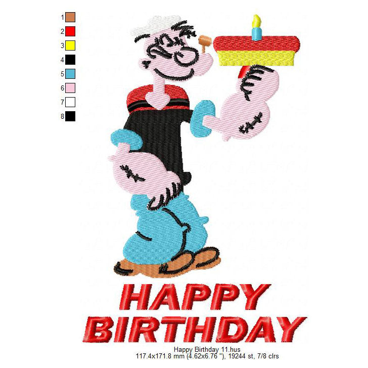 Popeye Wishing Happy Birthday Machine Embroidery Digitized Design Files