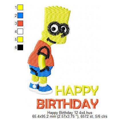 Bart Simpson Wishing Happy Birthday Cartoon Machine Embroidery Digitized Design Files