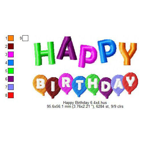 Happy Birthday Wishing Balloons Machine Embroidery Digitized Design Files