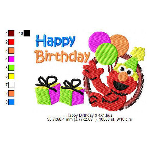 Happy Birthday Wishing Elmo Cartoon With Balloons Machine Embroidery Digitized Design Files