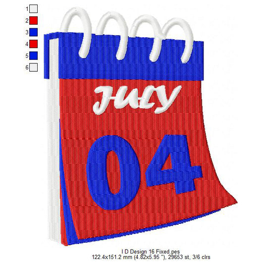 USA Independence Day 4th July Calendar Machine Embroidery Digitized Design Files