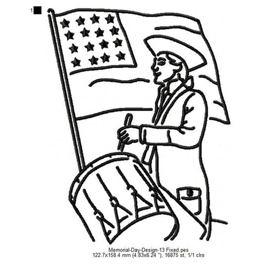 USA Flag Drum Drummer Line Art Memorial Day Machine Embroidery Digitized Design Files