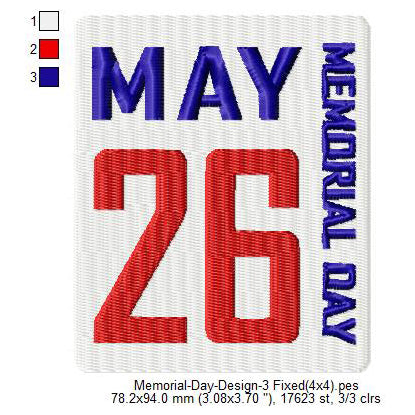 USA Memorial Day May 26 Machine Embroidery Digitized Design Files