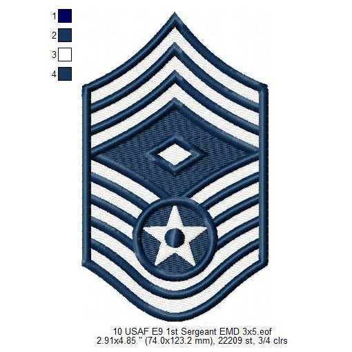 US Air Force USAF E9 1st Sergeant Military Insignia Symbols Emblems Patches Machine Embroidery Digitized Design Files