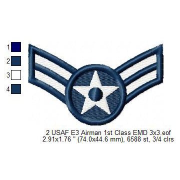 US Air Force USAF E3 Airman 1st Class Military Insignia Symbols Emblems Patches Machine Embroidery Digitized Design Files