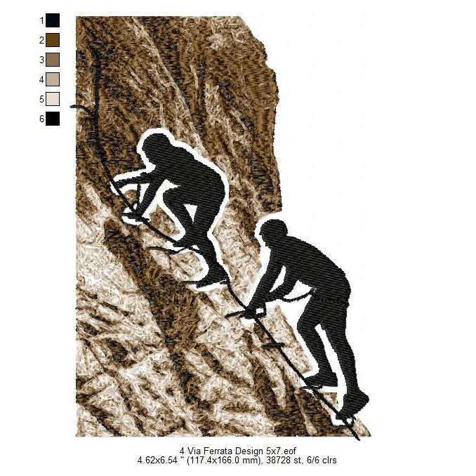 Via Ferrata Rock Mountain Climbing Hiking Hill Trekking Hikers Silhouette Machine Embroidery Digitized Design Files
