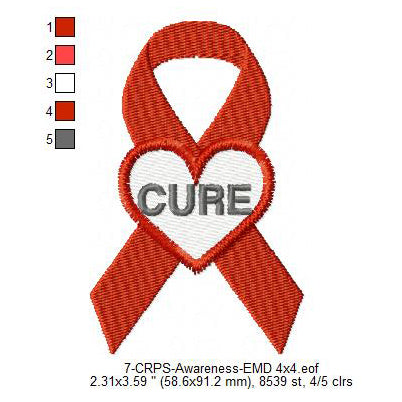 Hand CRPS Awareness Heart Ribbon Machine Embroidery Digitized Design Files