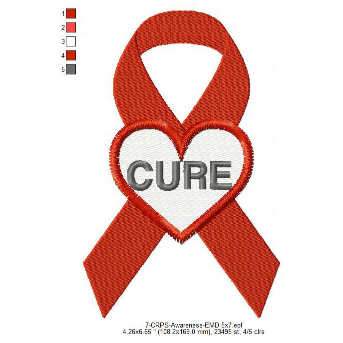 Hand CRPS Awareness Heart Ribbon Machine Embroidery Digitized Design Files
