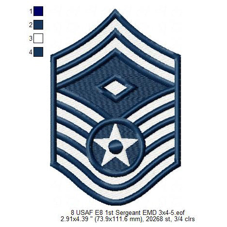 US Air Force USAF E8 1st Sergeant Military Insignia Symbols Emblems Patches Machine Embroidery Digitized Design Files