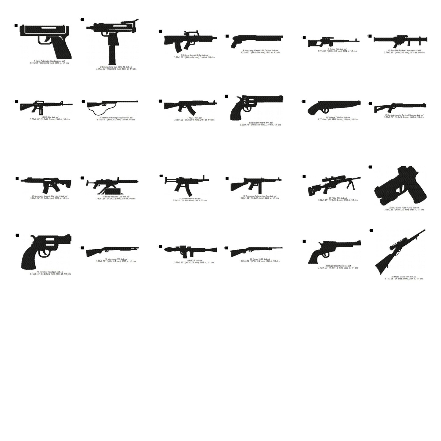 USA Popular Weapons Guns Rifles Silhouette Shadow Machine Embroidery Digitized Design Files | Dst | Pes | Hus | VP3 (Copy)
