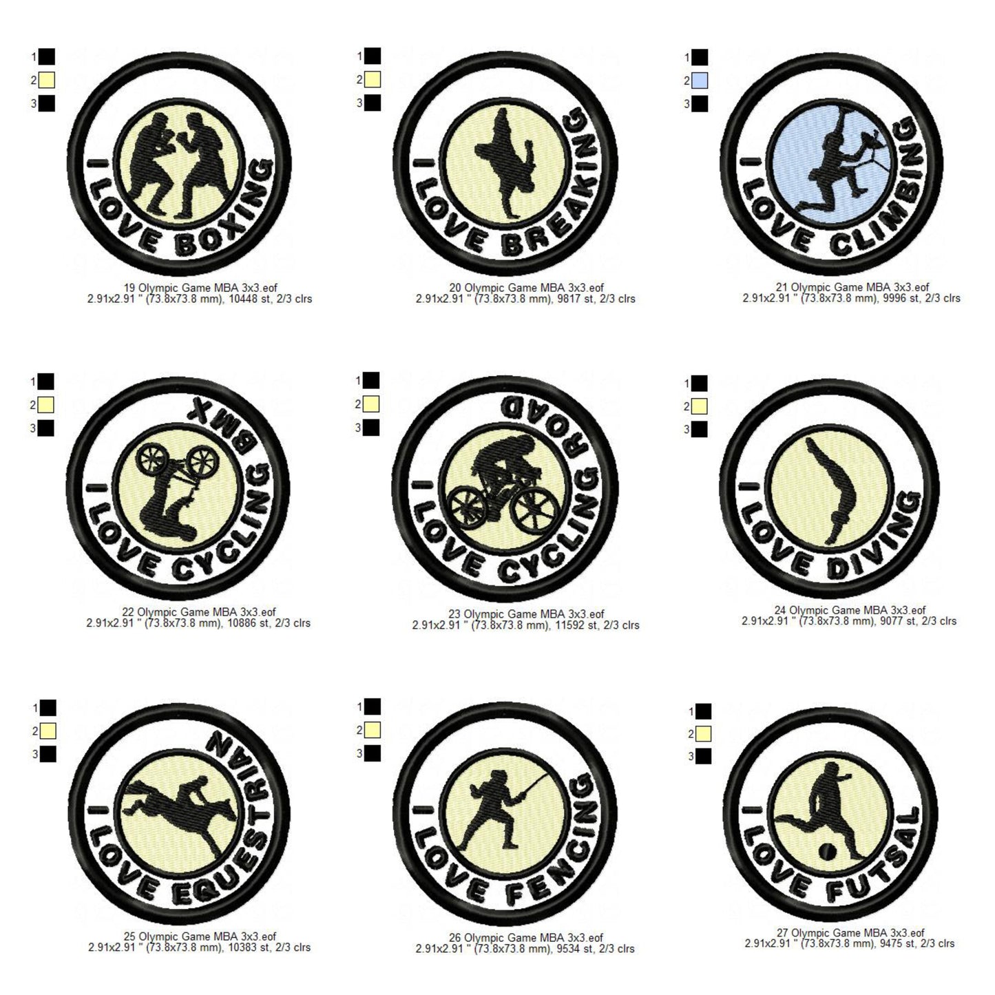 Olympic Sports Boxing Breaking Climbing Cycling BMX Racing Cycling Road Diving Equestrian Fencing Futsal Football Silhouette Badges Patches Machine Embroidery Digitized Design Files
