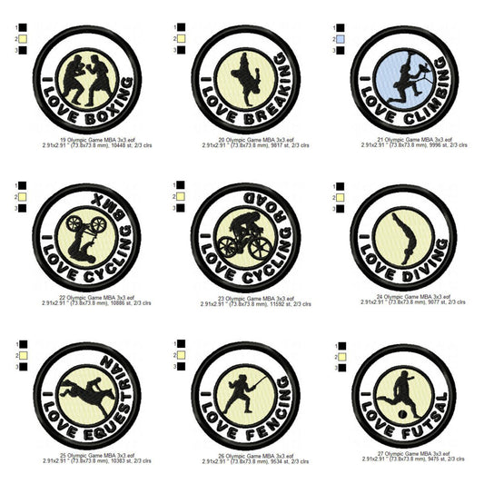 Olympic Sports Boxing Breaking Climbing Cycling BMX Racing Cycling Road Diving Equestrian Fencing Futsal Football Silhouette Badges Patches Machine Embroidery Digitized Design Files