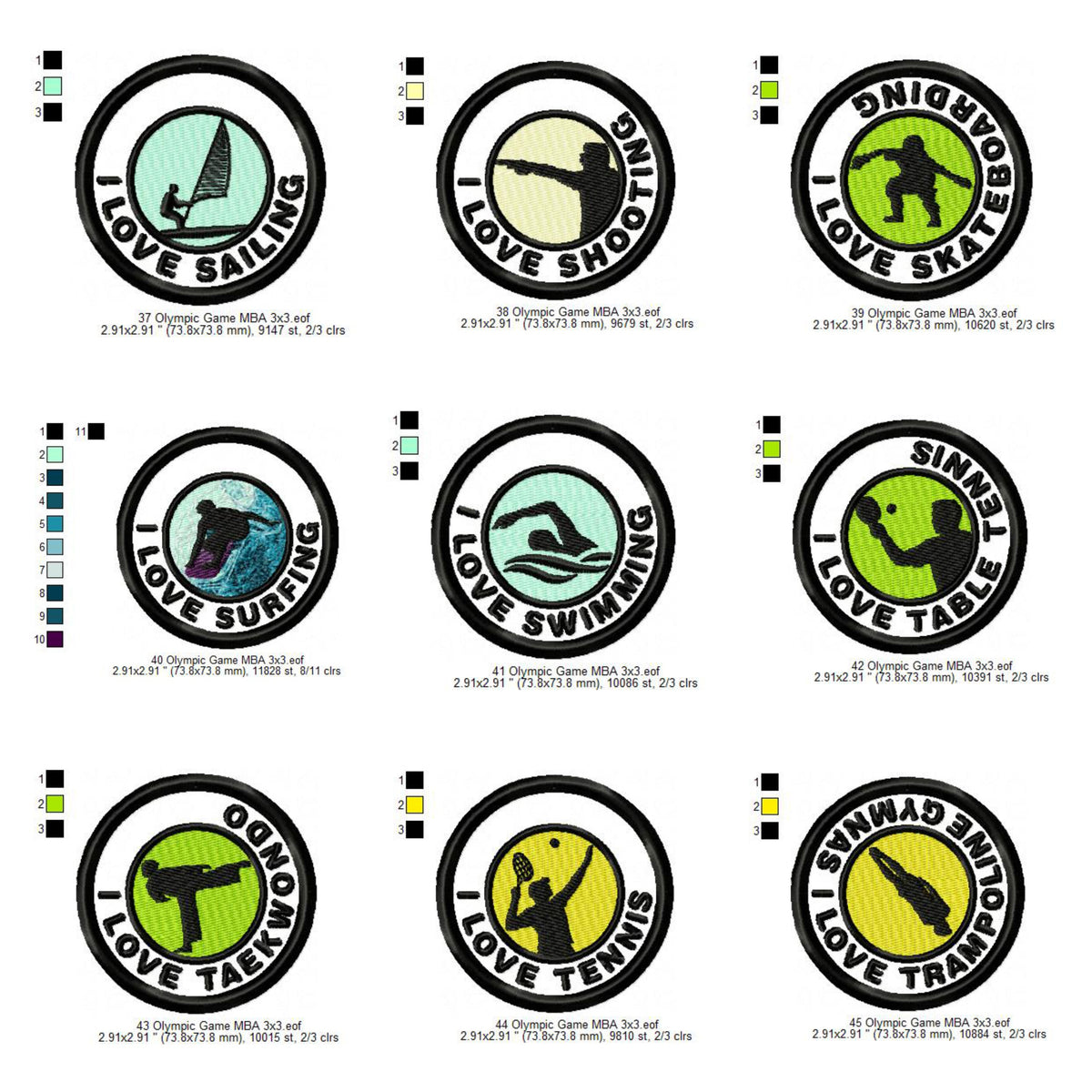 Olympic Sports Sailing Shooting Skateboarding Surfing Swimming Table Tennis Taekwondo Tennis Trampoline Gymnastics Silhouette Badges Patches Machine Embroidery Digitized Design Files