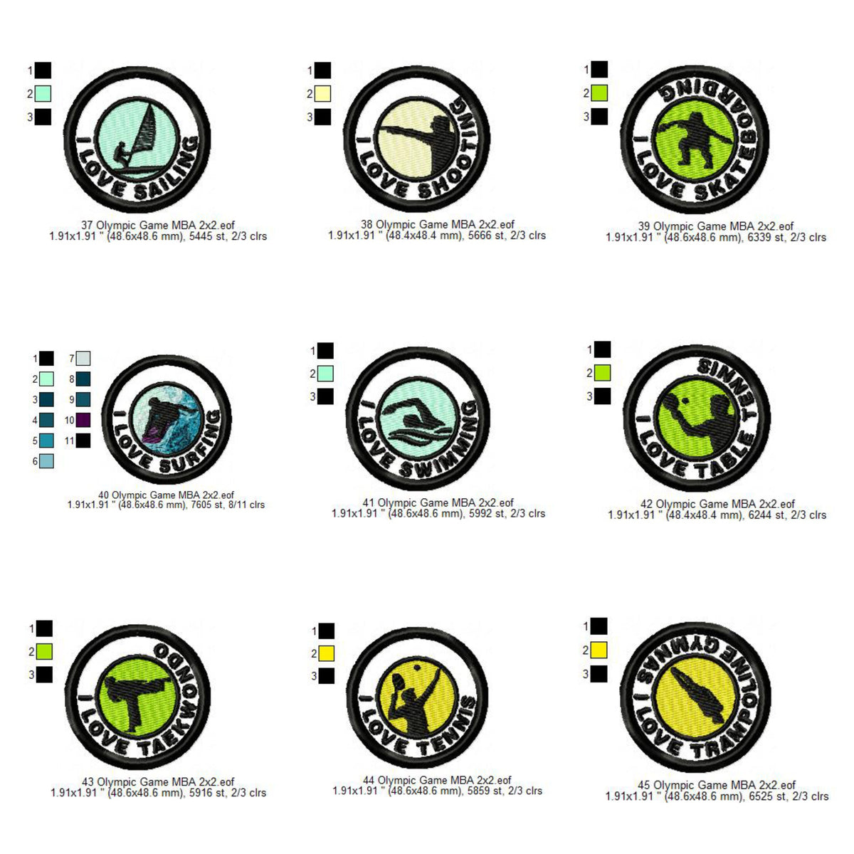Olympic Sports Sailing Shooting Skateboarding Surfing Swimming Table Tennis Taekwondo Tennis Trampoline Gymnastics Silhouette Badges Patches Machine Embroidery Digitized Design Files