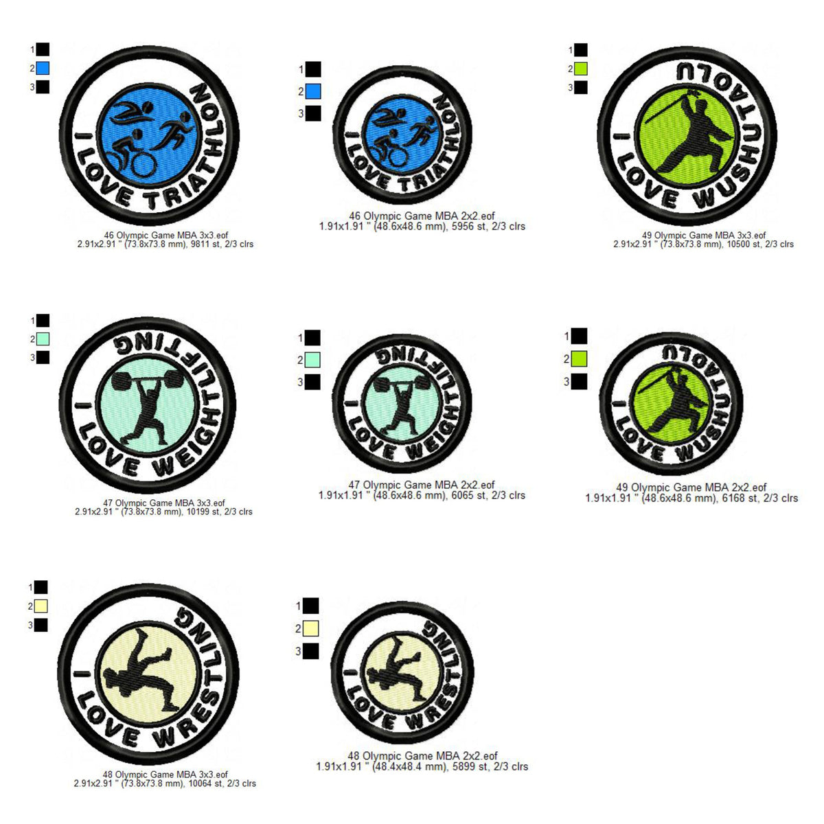 Olympic Sports Triathlon Patches Weightlifting Patches Wrestling Patches Wushu Taolu Silhouette Badges Patches Machine Embroidery Digitized Design Files