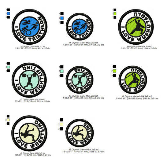 Olympic Sports Triathlon Patches Weightlifting Patches Wrestling Patches Wushu Taolu Silhouette Badges Patches Machine Embroidery Digitized Design Files