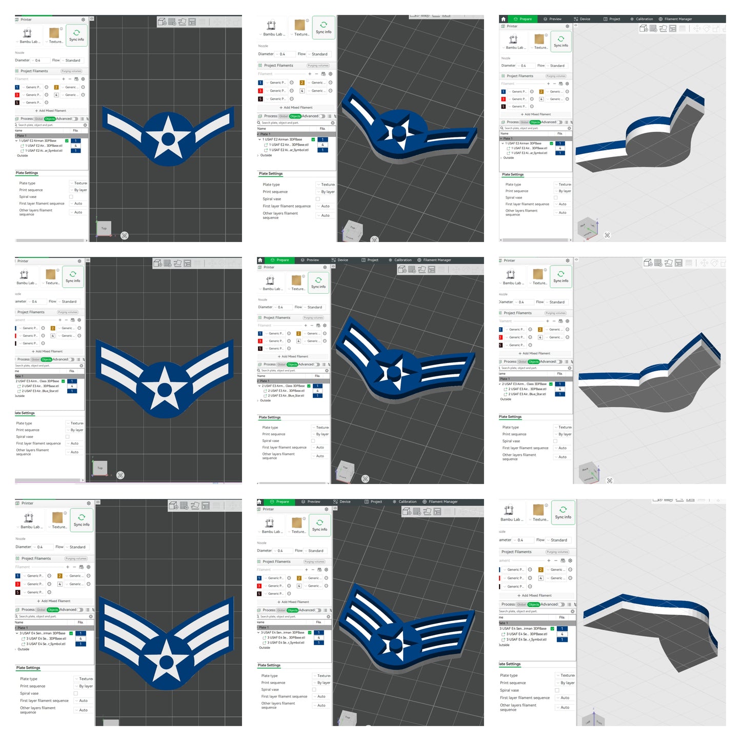 US Air Force USAF E2 Airman, E3 Airman 1st Class, E4 Senior Airman Rank Insignia Emblem Symbol 3D STL Files For 3D Printing Using 3D Printer