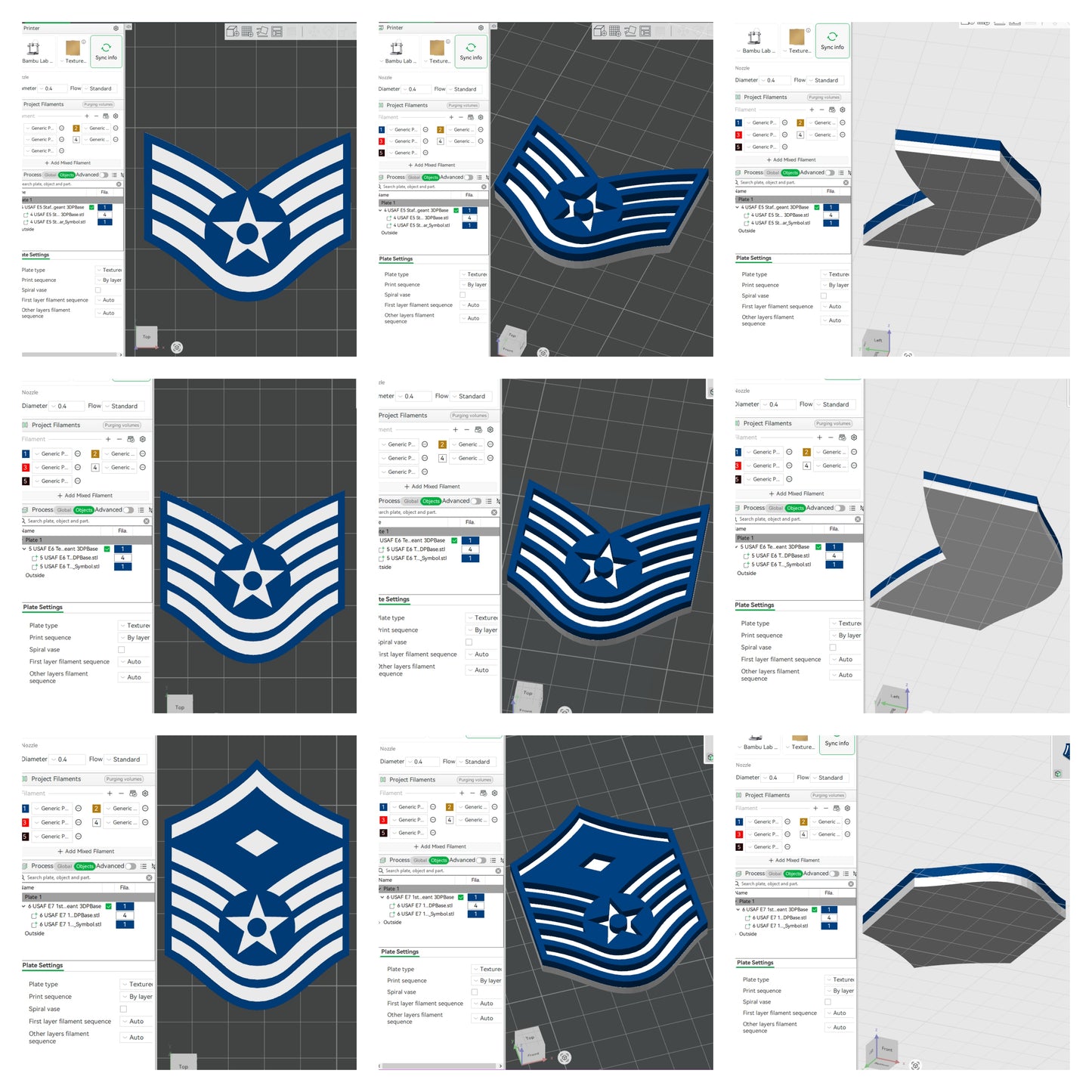 US Air Force USAF E5 Staff Sergeant,  E6 Technical Sergeant, E7 1st Sergeant Rank Insignia Emblem 3D STL Files For 3D Printing Using 3D Printer Machines