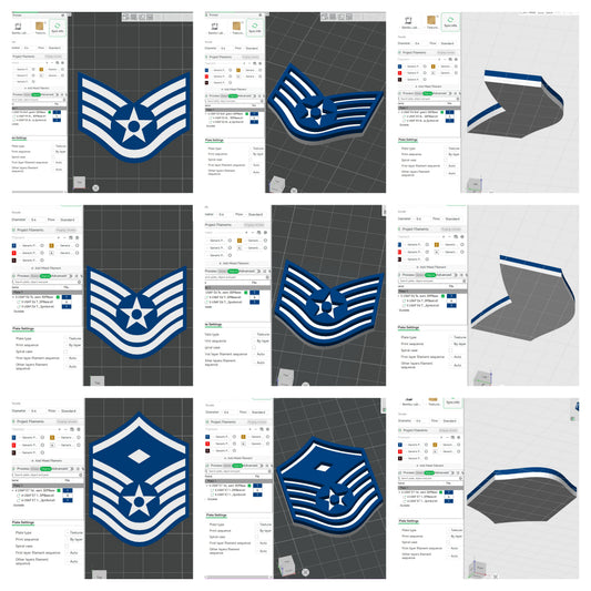 US Air Force USAF E5 Staff Sergeant,  E6 Technical Sergeant, E7 1st Sergeant Rank Insignia Emblem 3D STL Files For 3D Printing Using 3D Printer Machines
