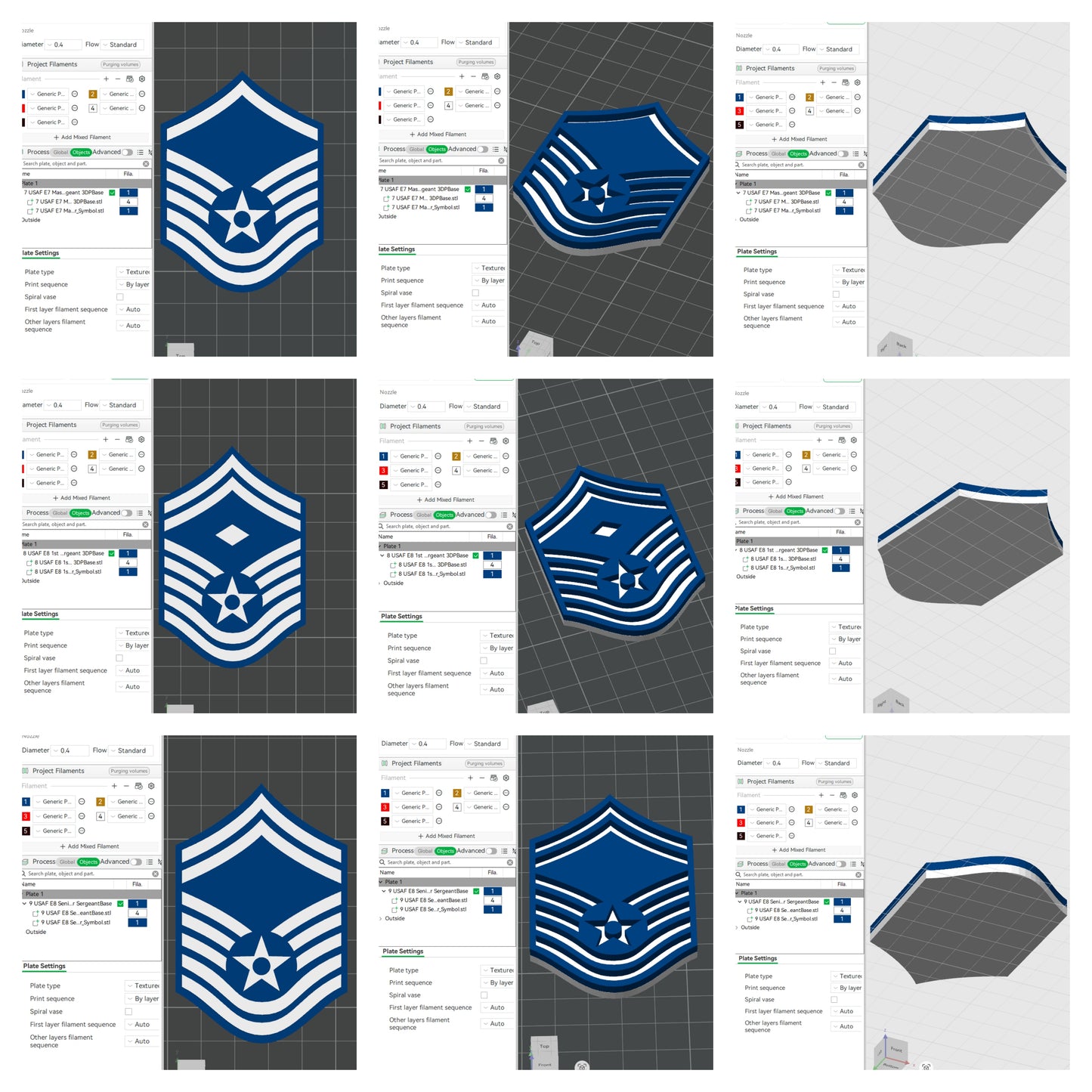 US Air Force USAF E7 Master Sergeant, E8 1st Sergeant, E8 Senior Master Sergeant Rank Insignia Emblem 3D STL Files For 3D Printing For 3D Printer Machines