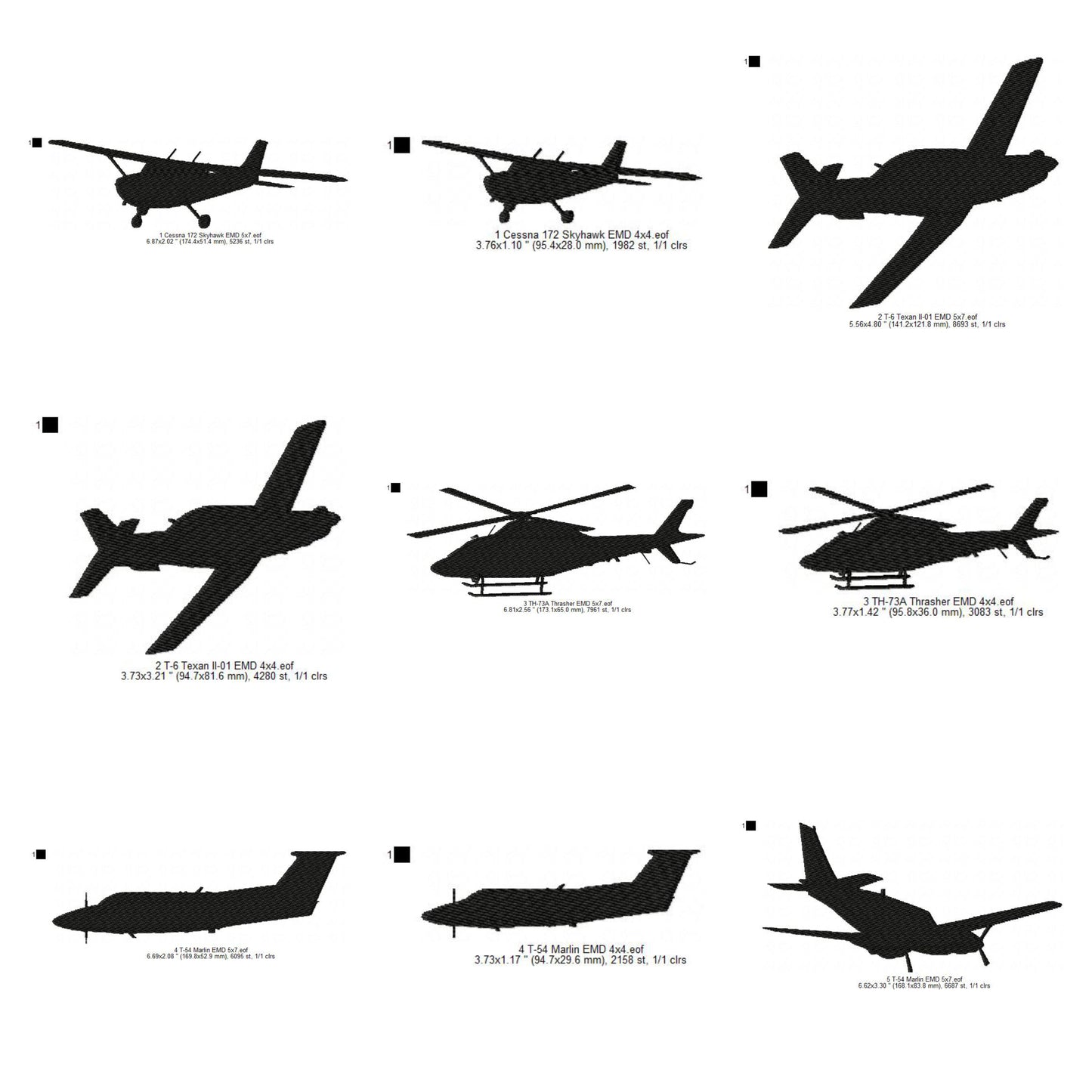 Cessna 172 Skyhawk, T-6 Texan, Th-73 Thrasher, T-54 Marlin US Navy Aircrafts Silhouette Set Machine Embroidery Digitized Design Files