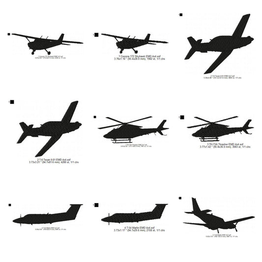 Cessna 172 Skyhawk, T-6 Texan, Th-73 Thrasher, T-54 Marlin US Navy Aircrafts Silhouette Set Machine Embroidery Digitized Design Files