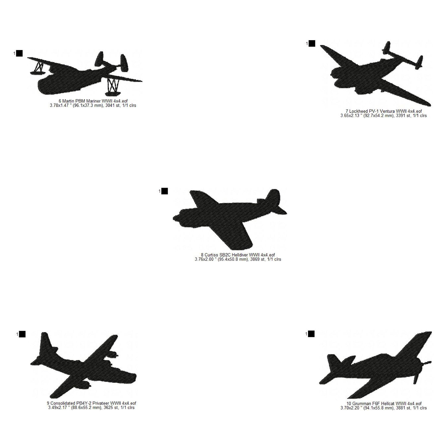 Martin PBM Mariner, Lockheed PV-1 Ventura, Curtiss SB2C Helldiver, Consolidated PB4Y-2 Privateer, Grumman F6F Hellcat WWII US Navy Aircrafts Silhouette Set Machine Embroidery Digitized Design Files