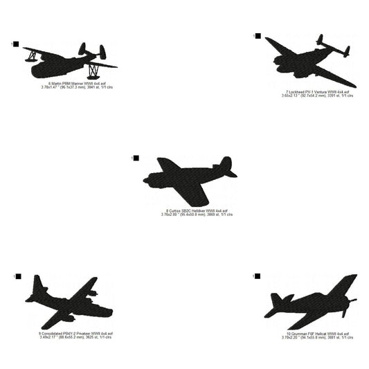 Martin PBM Mariner, Lockheed PV-1 Ventura, Curtiss SB2C Helldiver, Consolidated PB4Y-2 Privateer, Grumman F6F Hellcat WWII US Navy Aircrafts Silhouette Set Machine Embroidery Digitized Design Files