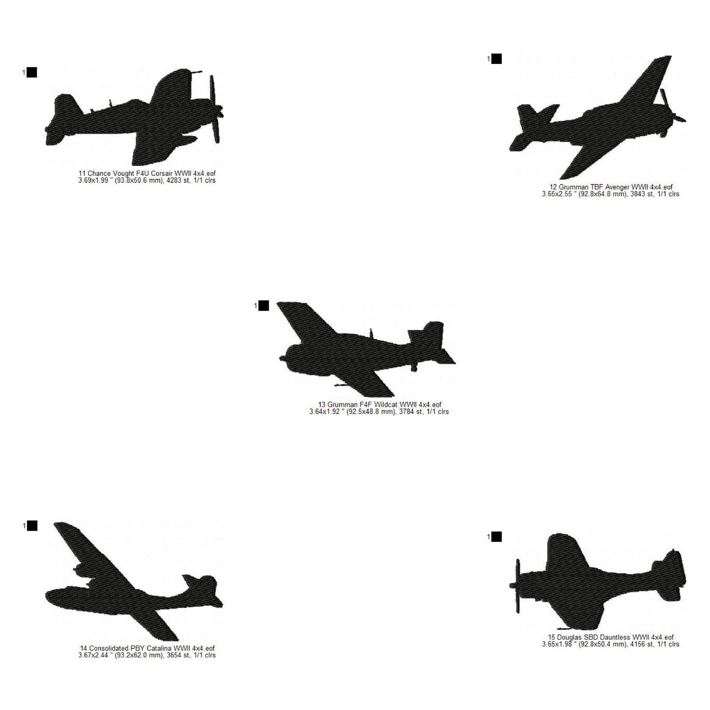 Chance Vought F4U Corsair, Grumman TBF Avenger, Grumman F4F Wildcat, Consolidated PBY Catalina, Douglas SBD Dauntless WWII US Navy Aircrafts Silhouette Set Machine Embroidery Digitized Design Files (Copy)