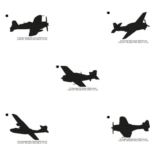 Chance Vought F4U Corsair, Grumman TBF Avenger, Grumman F4F Wildcat, Consolidated PBY Catalina, Douglas SBD Dauntless WWII US Navy Aircrafts Silhouette Set Machine Embroidery Digitized Design Files (Copy)