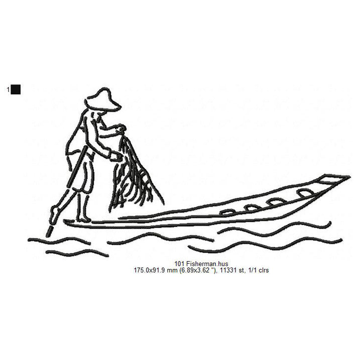 Fisherman Fishing Boat Net Line Art Machine Embroidery Digitized Desig