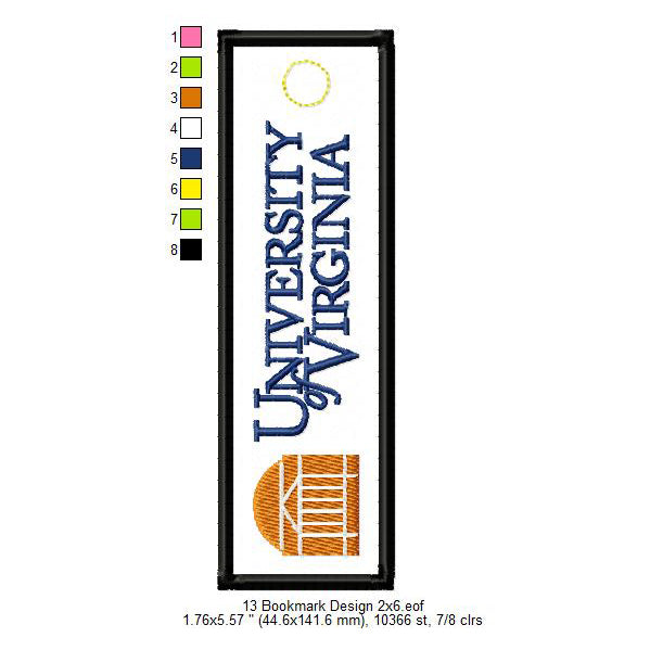 University of Virginia Bookmark Machine Embroidery Digitized Design Files