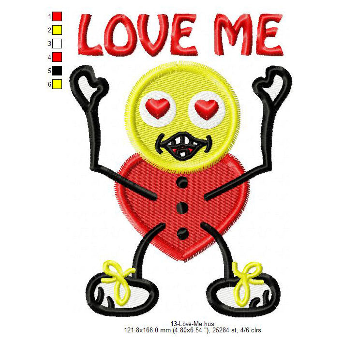 Love Me Cartoon Emoji Valentines Day Machine Embroidery Digitized Design Files