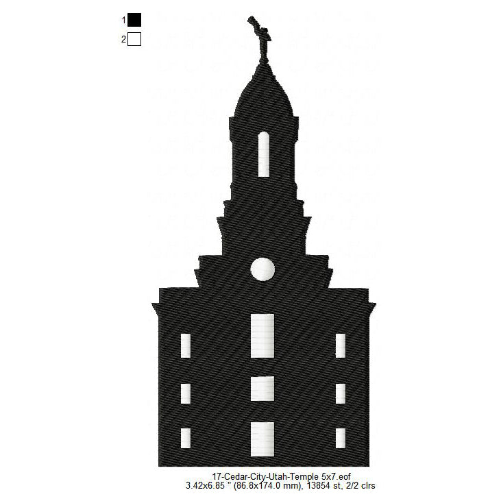 Cedar City Utah LDS Temple Silhouette Machine Embroidery Digitized Design Files