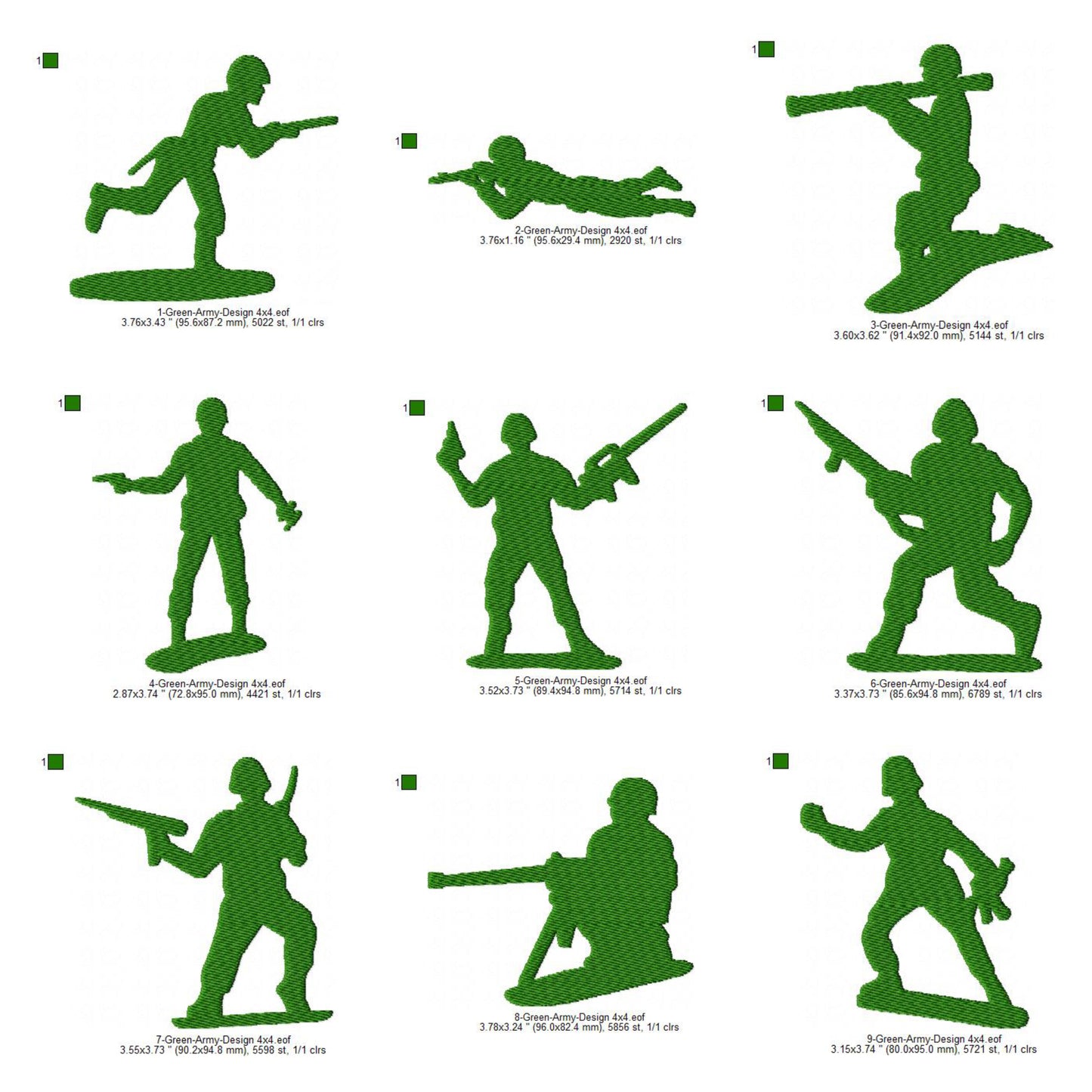 Green Army Action Figures 42 Pieces Set Machine Embroidery Digitized Design Files