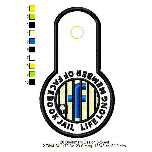 Life Long Member of Facebook Jail Bookmark Machine Embroidery Digitized Design Files