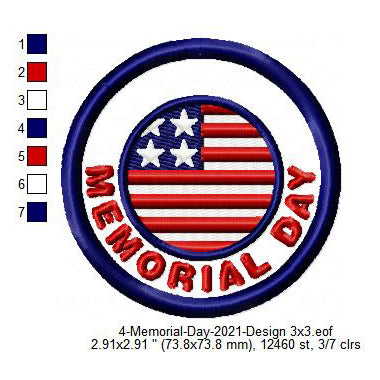 Memorial Day USA Flag Merit Badge Machine Embroidery Digitized Design Files