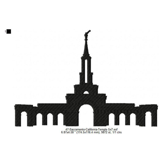 Sacramento California LDS Temple Silhouette Machine Embroidery Digitized Design Files