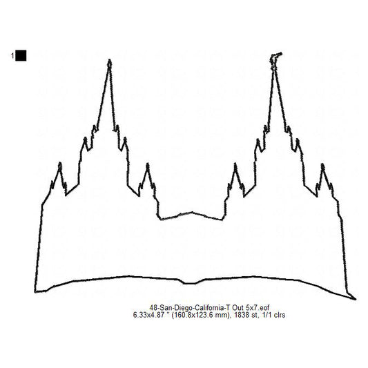 San Diego California LDS Temple Outline Machine Embroidery Digitized Design Files