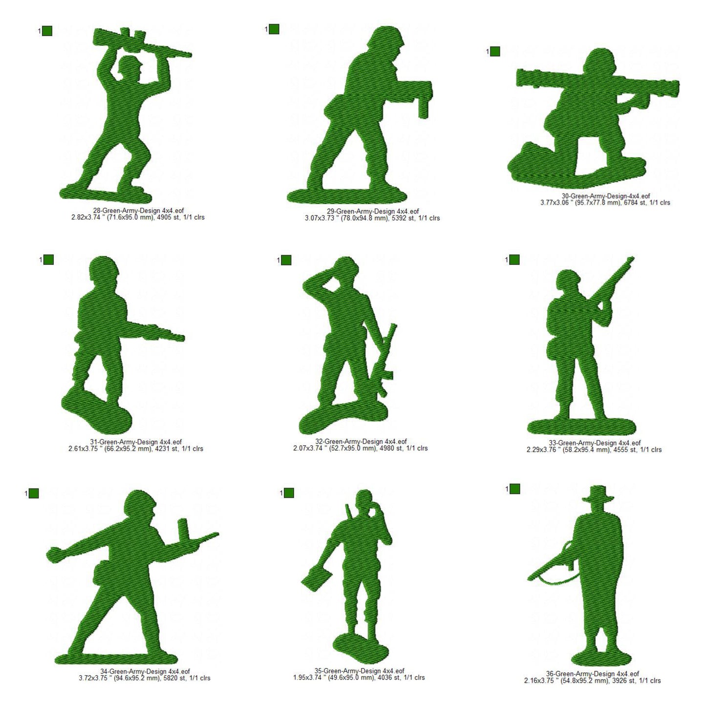 Green Army Action Figures 42 Pieces Set Machine Embroidery Digitized Design Files