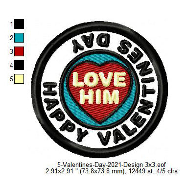 Happy Valentines Day Love Him Merit Badge Machine Embroidery Digitized Design Files