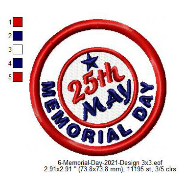 25th May Memorial Day Merit Badge Machine Embroidery Digitized Design Files