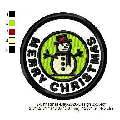 Merry Christmas Snowman Merit Badge Machine Embroidery Digitized Design Files