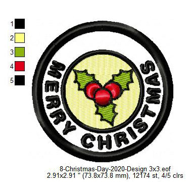 Merry Christmas Holly Berry Wreath Merit Badge Machine Embroidery Digitized Design Files
