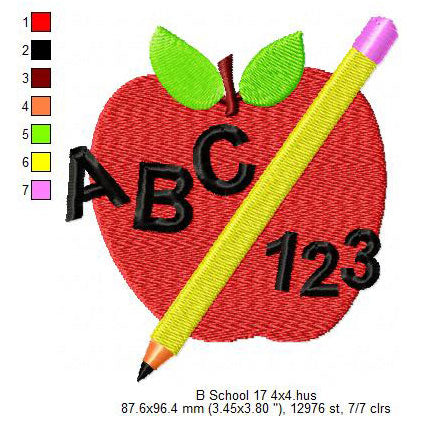 Apple Back To School ABC 123 Pencil Machine Embroidery Digitized Design Files