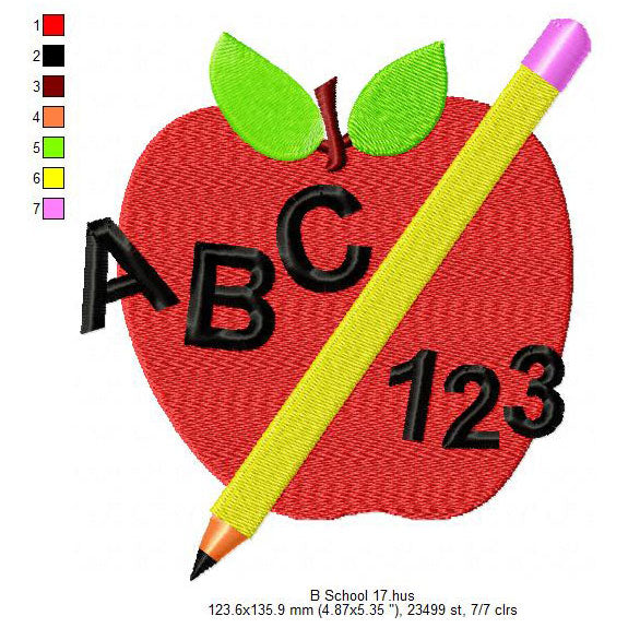 Apple Back To School ABC 123 Pencil Machine Embroidery Digitized Design Files