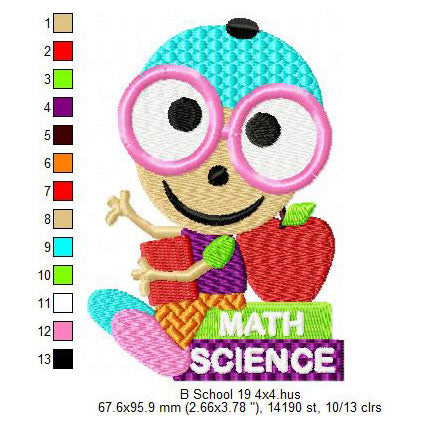 Back To School Cartoon Sits On Math Science Book Machine Embroidery Digitized Design Files