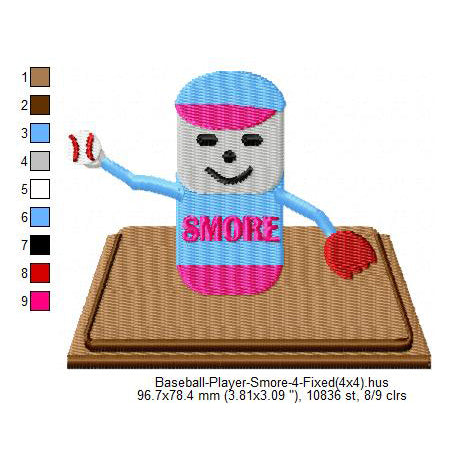 Baseball Player Smore Marshmallow Cartoon Machine Embroidery Digitized Design Files