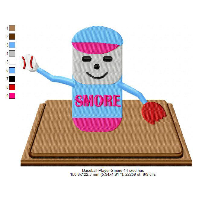 Baseball Player Smore Marshmallow Cartoon Machine Embroidery Digitized Design Files