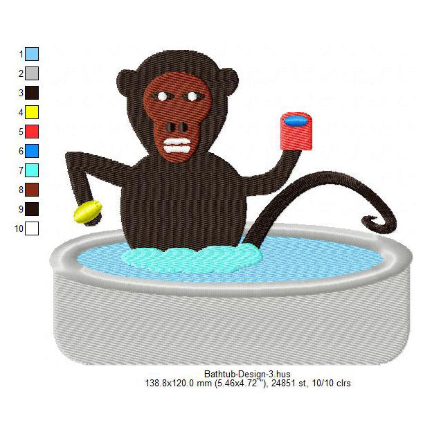 Monkey Bathtub Machine Embroidery Digitized Design Files